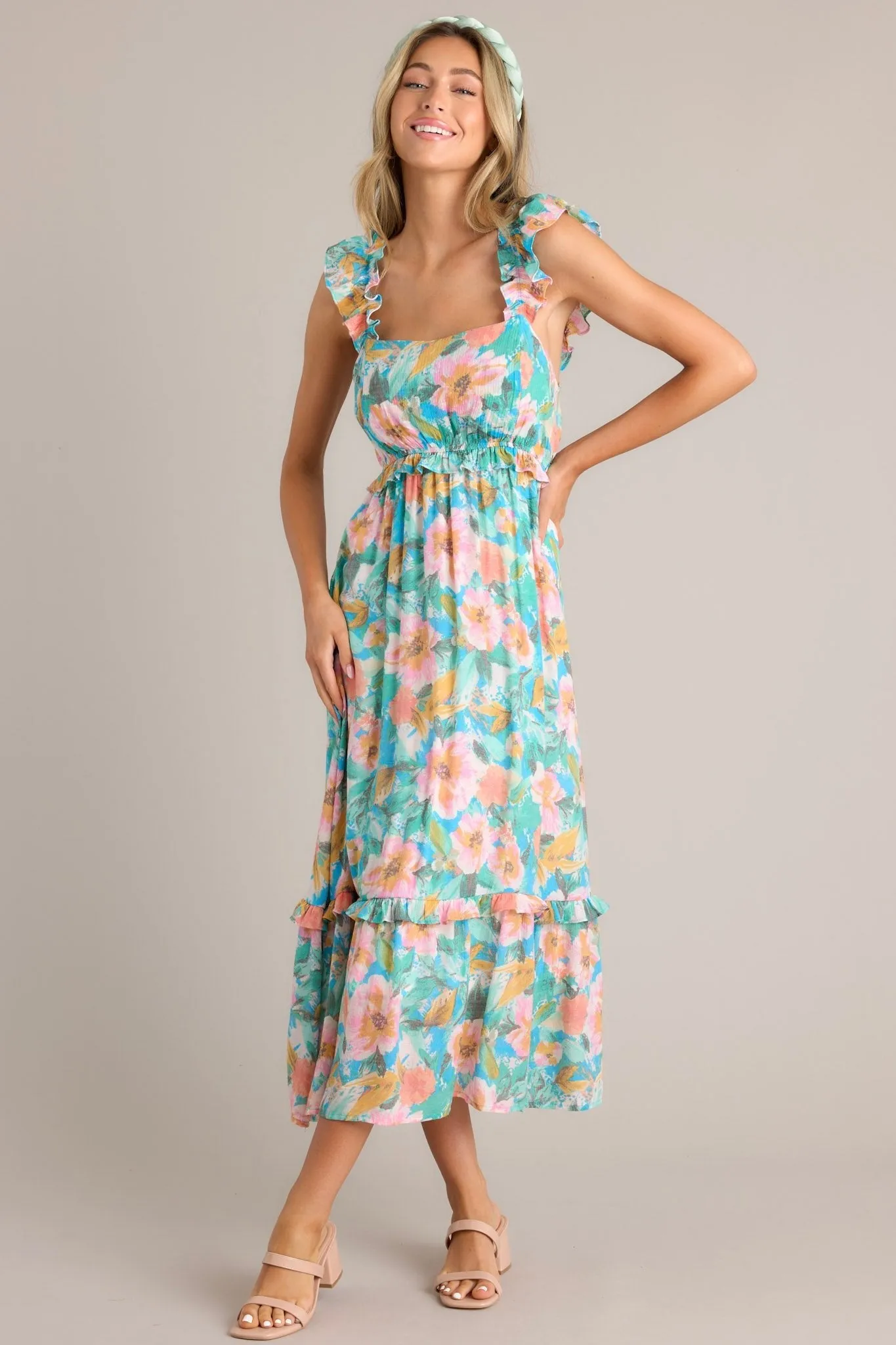 Meadow Magic Aqua Floral Print Midi Dress