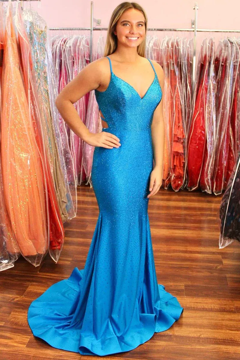 Mermaid Orange V Neck Beaded Long Prom Dresses