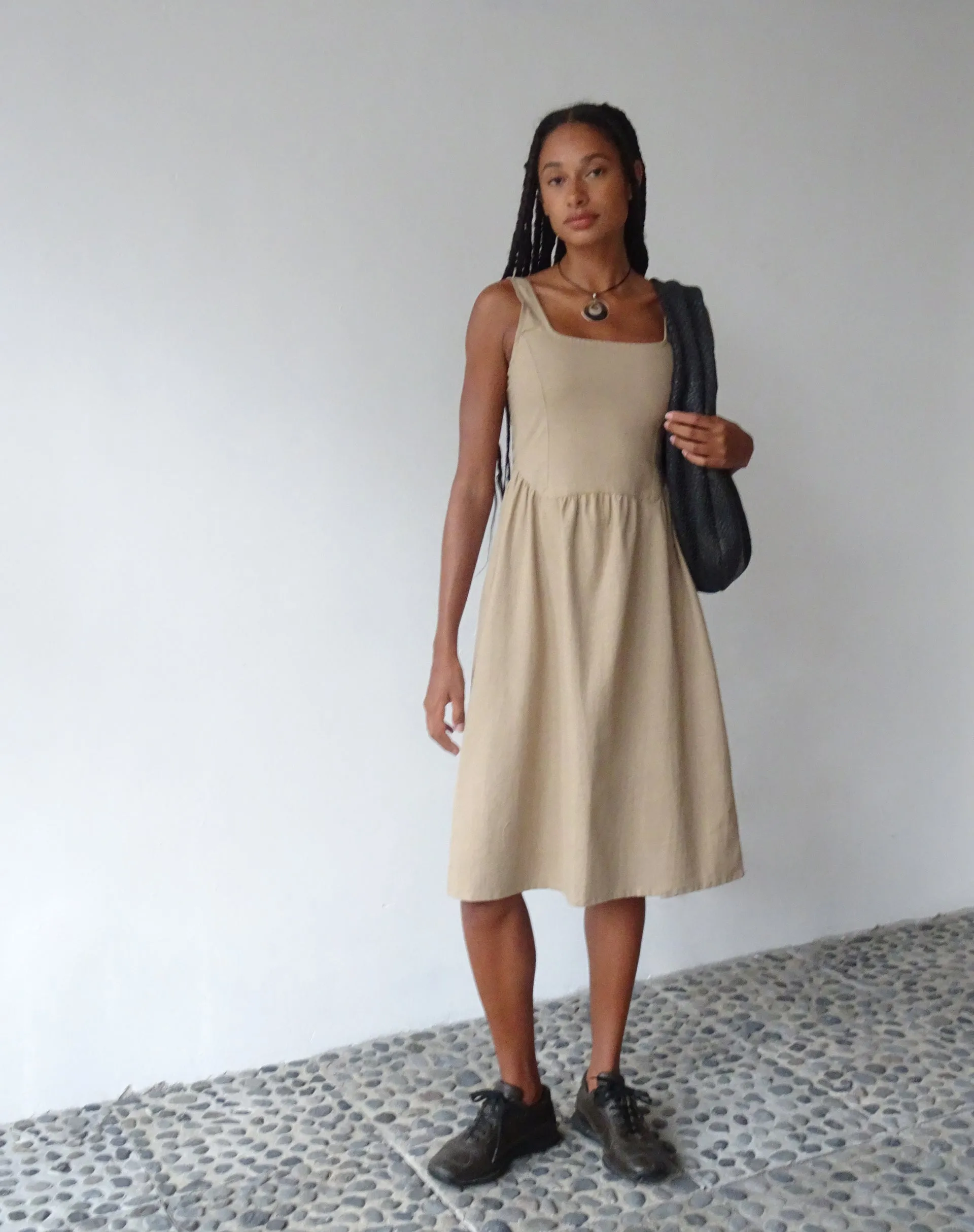 MOTEL X JACQUIE Pelove Drop Waist Midi Dress in Light Taupe