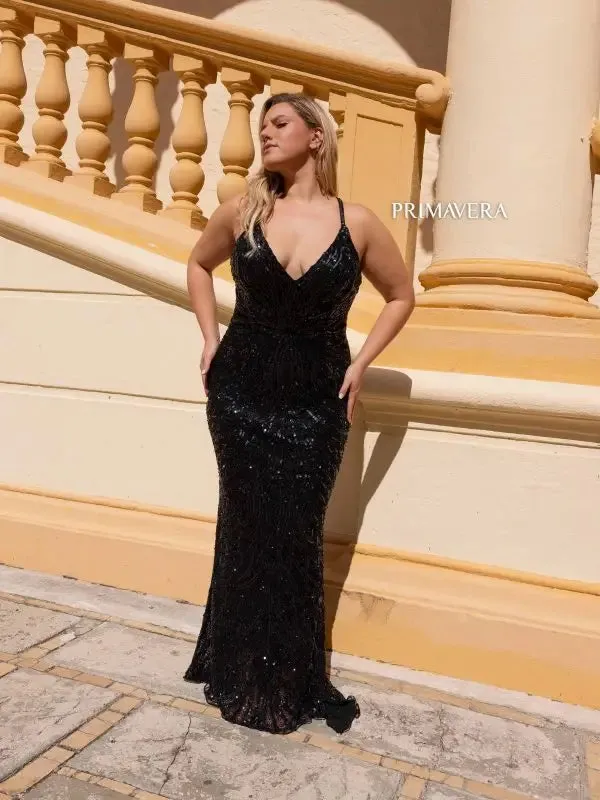 Primavera Couture 14051 Size 20W Fuchsia Long Prom Dress Plus Size Sequin Plunging Neckline Fitted Formal Gown