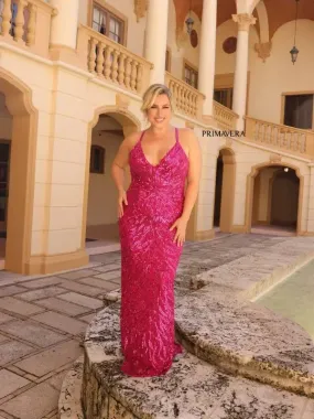 Primavera Couture 14051 Size 20W Fuchsia Long Prom Dress Plus Size Sequin Plunging Neckline Fitted Formal Gown