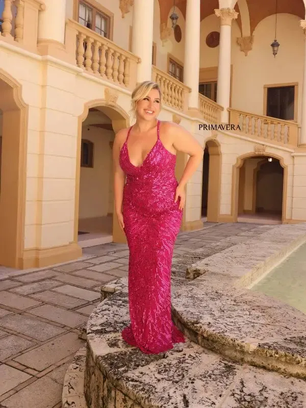 Primavera Couture 14051 Size 20W Fuchsia Long Prom Dress Plus Size Sequin Plunging Neckline Fitted Formal Gown