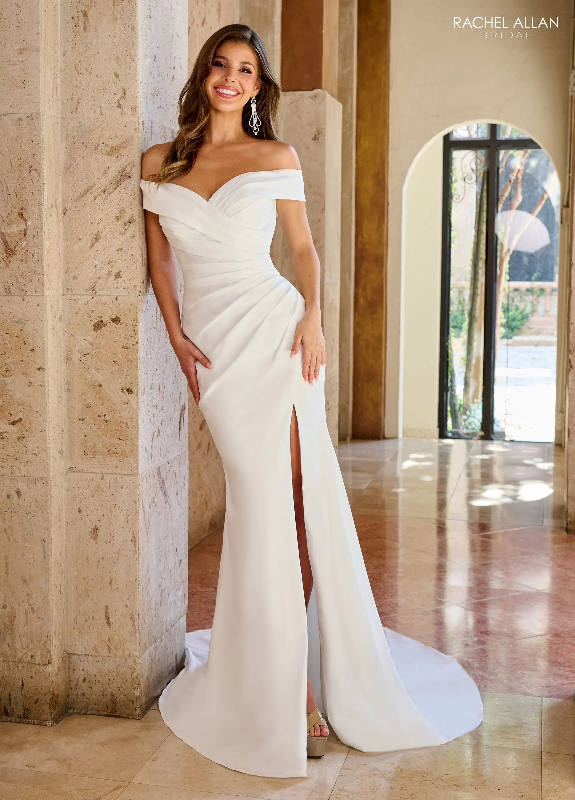 Rachel Allan RB2171 Off-the-Shoulder Stretch Crepe Bridal Gown with Lace-Up Back Detail
