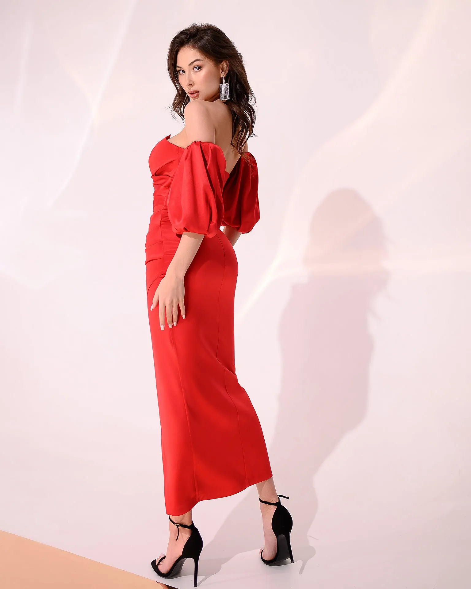 Red Satin Puff-Sleeve Midi Dress