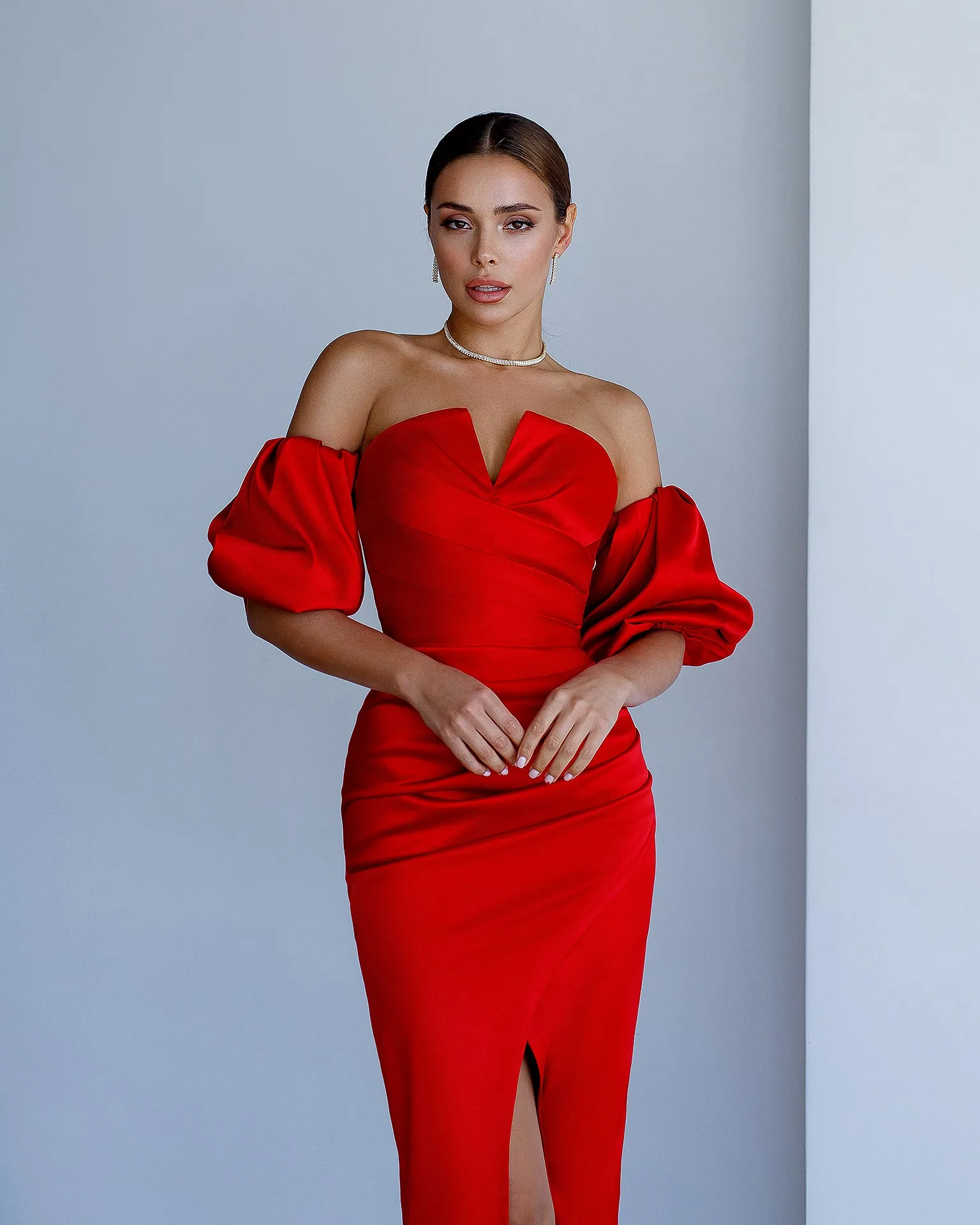 Red Satin Puff-Sleeve Midi Dress