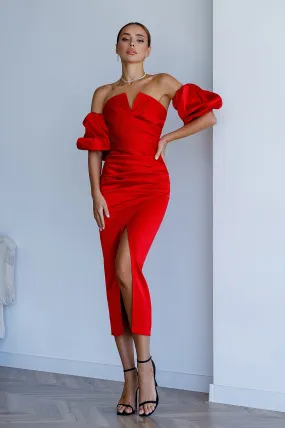 Red Satin Puff-Sleeve Midi Dress