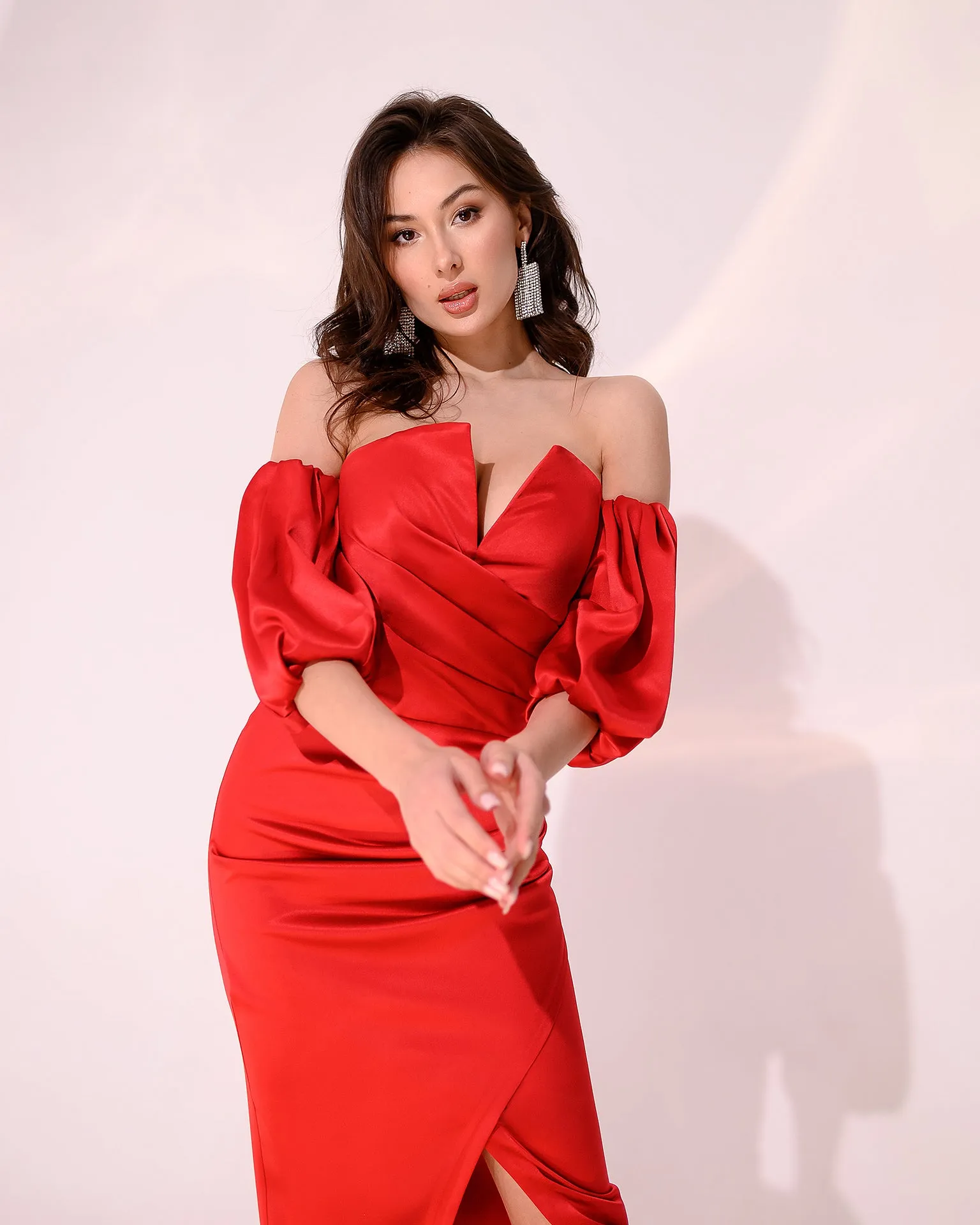Red Satin Puff-Sleeve Midi Dress