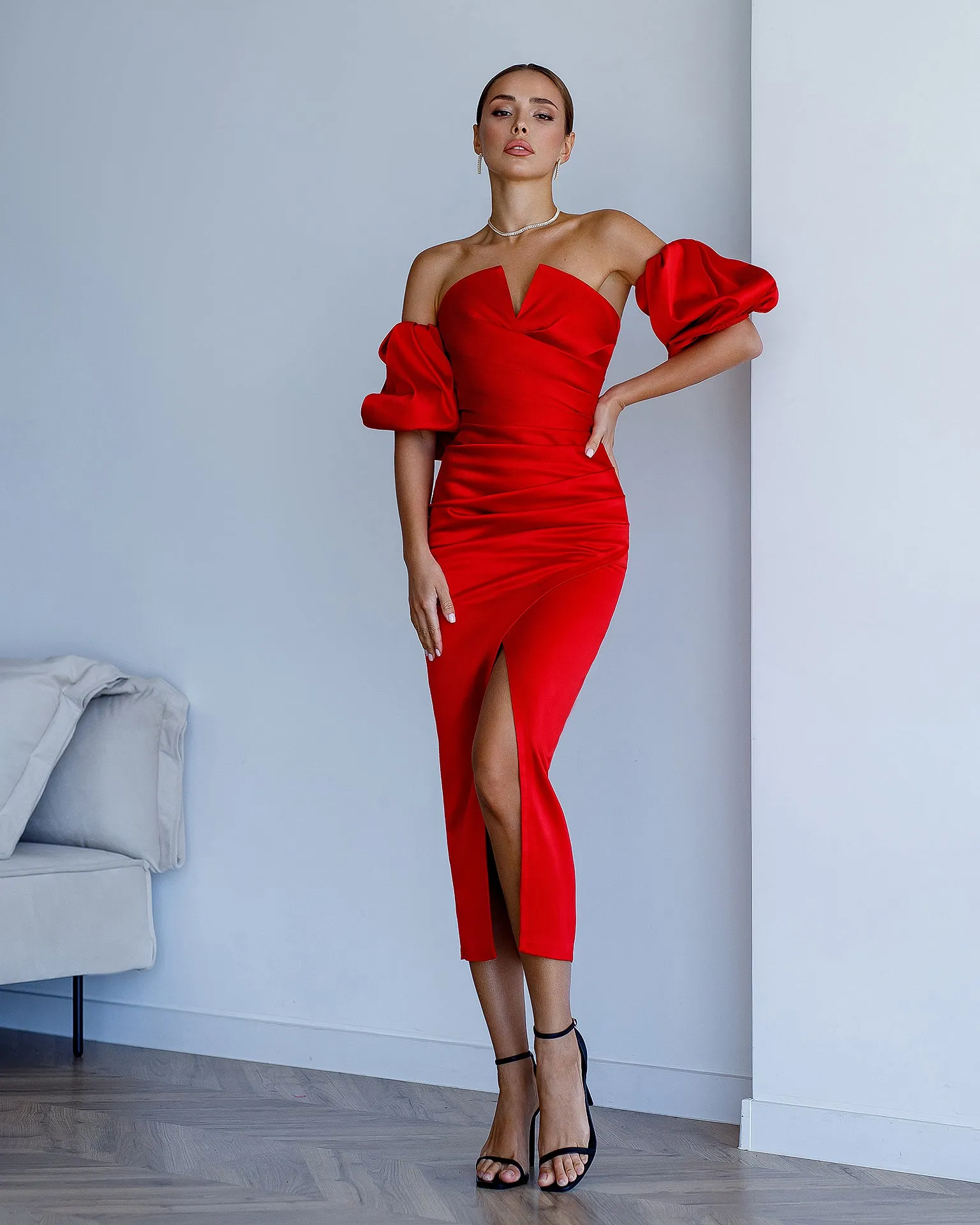 Red Satin Puff-Sleeve Midi Dress