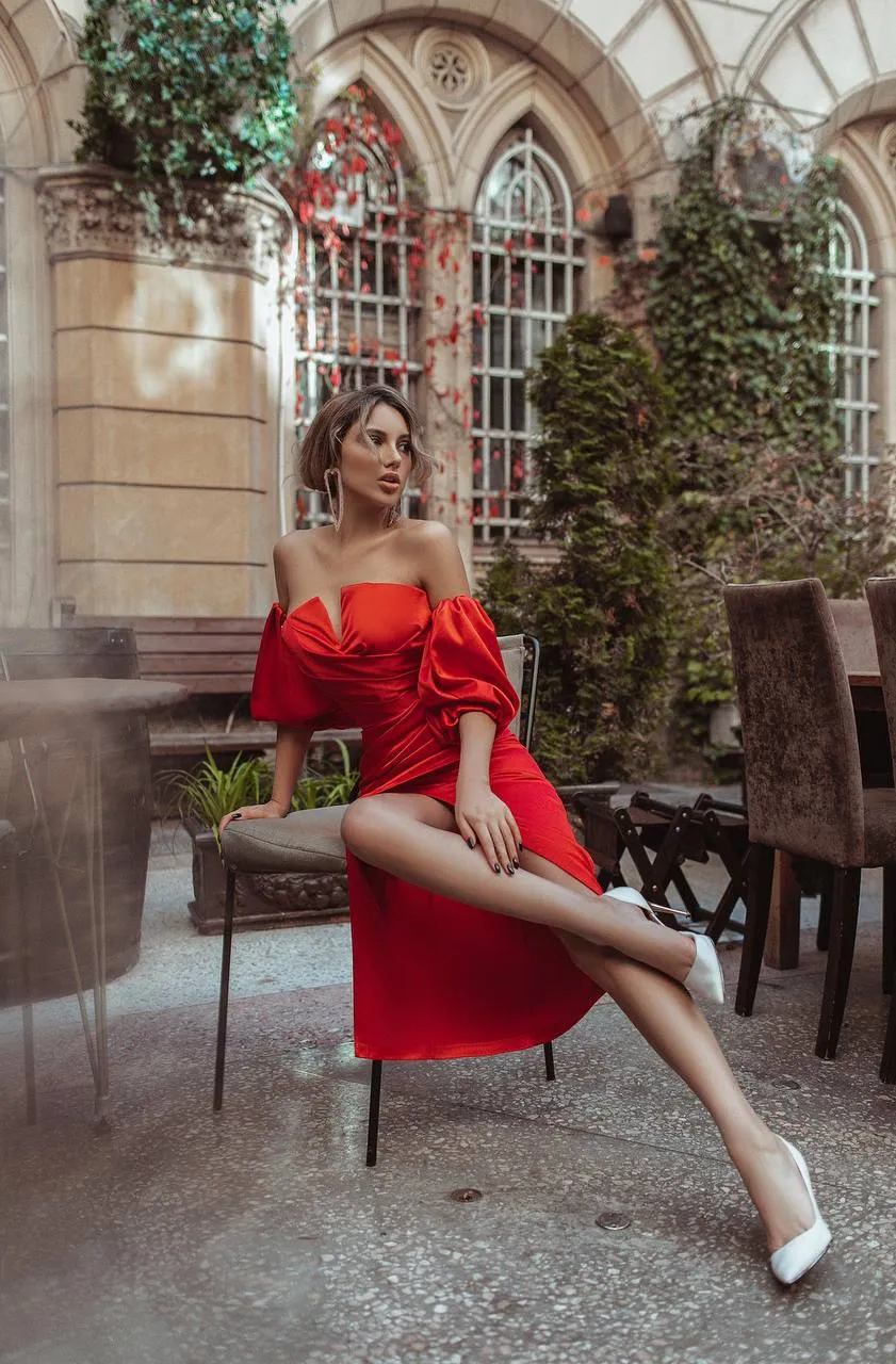 Red Satin Puff-Sleeve Midi Dress