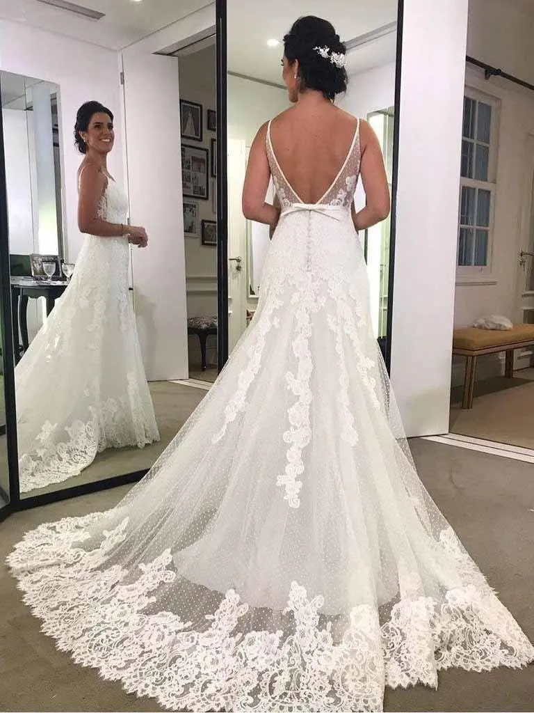Spaghetti Strap Printed Backless Lace Beach Wedding Dresses with Sash TN198