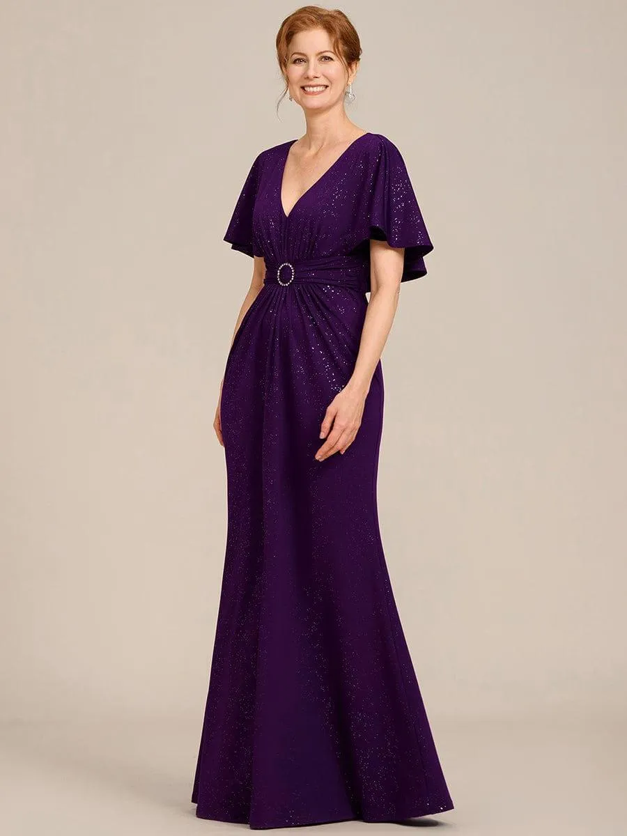 Susan |Sparkling V Neck Ruffled Batwing Sleeve Mother of the Bride Dress