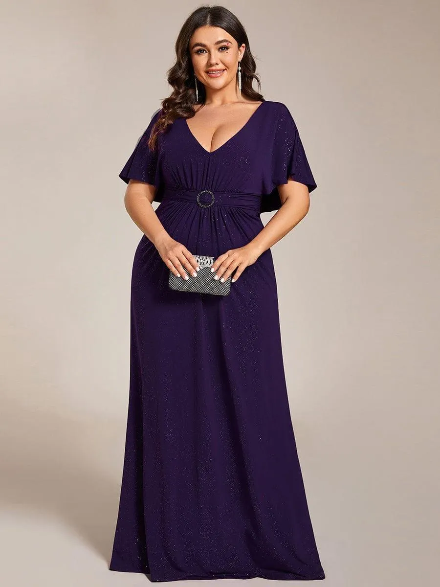 Susan |Sparkling V Neck Ruffled Batwing Sleeve Mother of the Bride Dress
