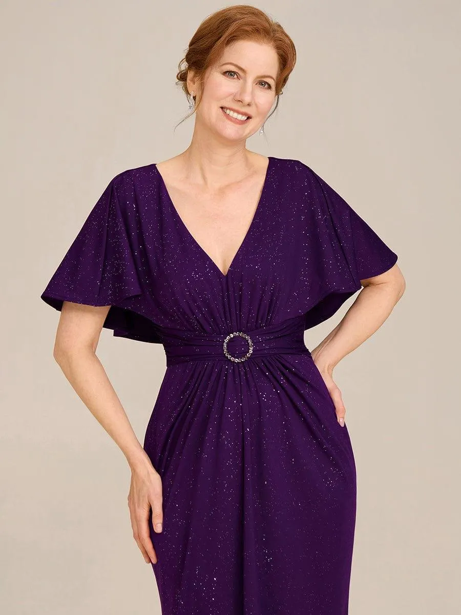 Susan |Sparkling V Neck Ruffled Batwing Sleeve Mother of the Bride Dress