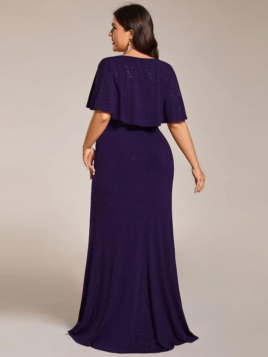 Susan |Sparkling V Neck Ruffled Batwing Sleeve Mother of the Bride Dress