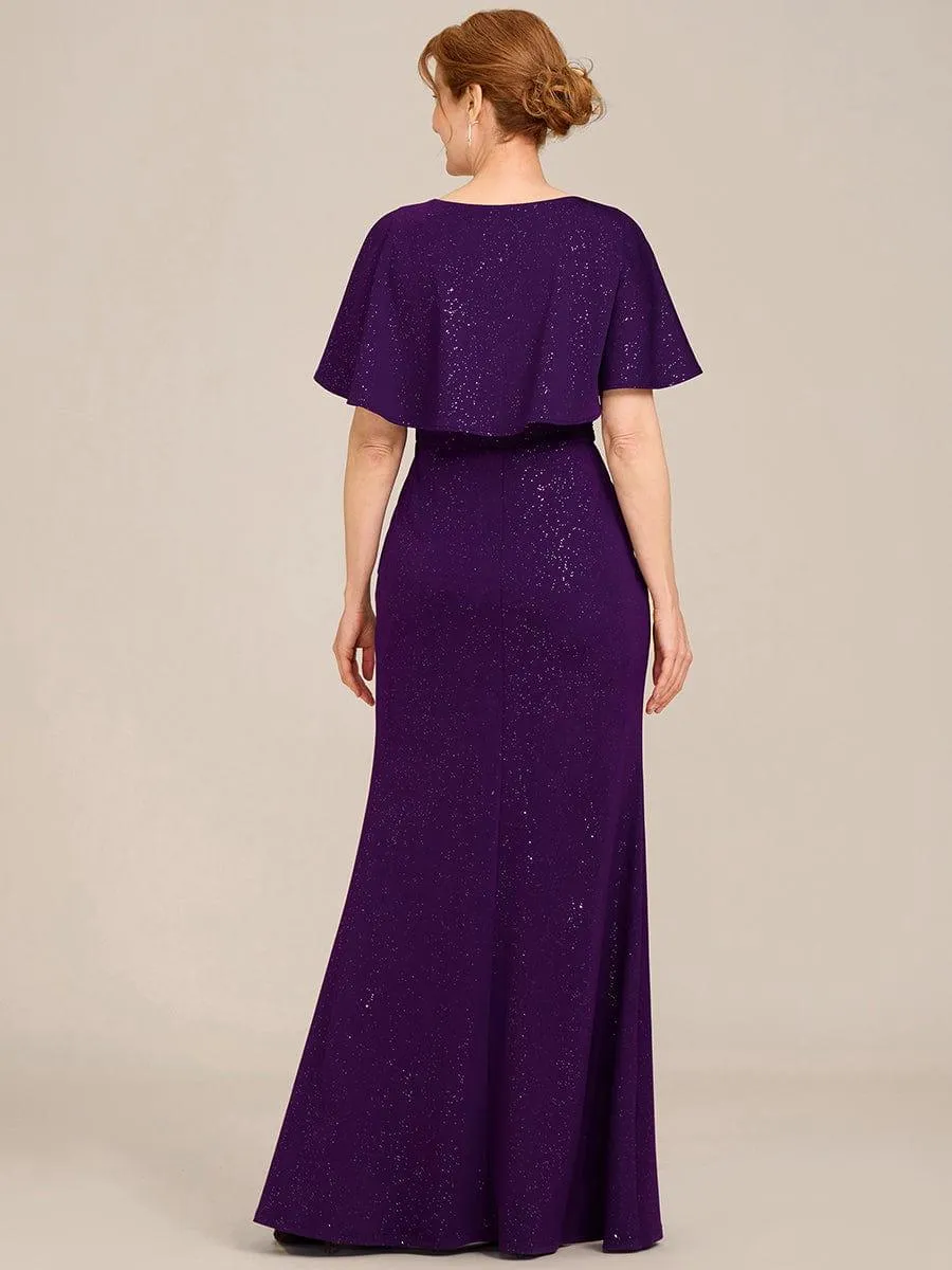 Susan |Sparkling V Neck Ruffled Batwing Sleeve Mother of the Bride Dress