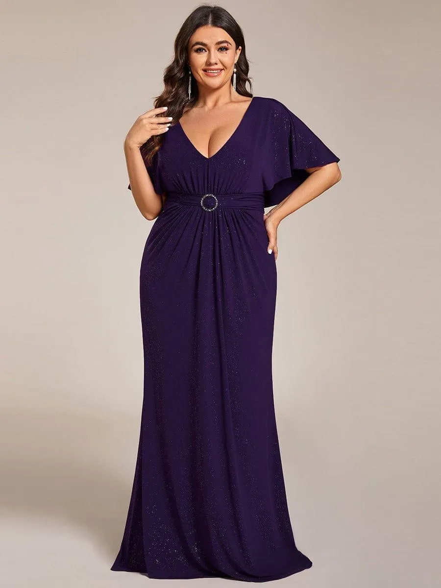 Susan |Sparkling V Neck Ruffled Batwing Sleeve Mother of the Bride Dress
