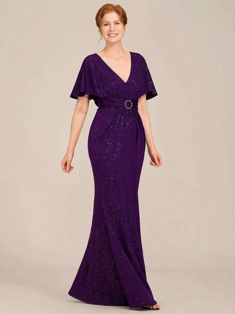 Susan |Sparkling V Neck Ruffled Batwing Sleeve Mother of the Bride Dress