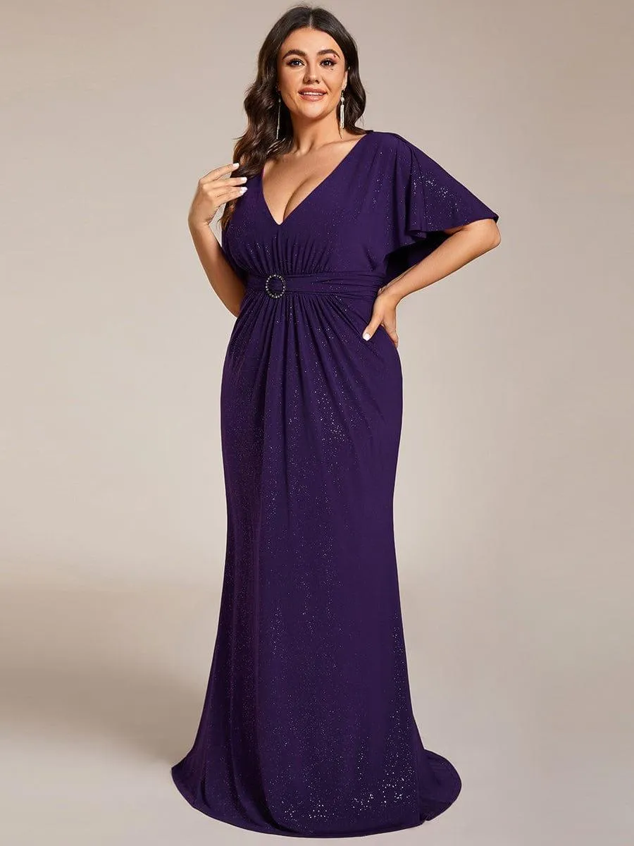 Susan |Sparkling V Neck Ruffled Batwing Sleeve Mother of the Bride Dress