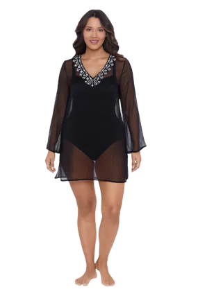 Trimshaper Solid Embroidered Coverup Dress Swim Cover Up - Black