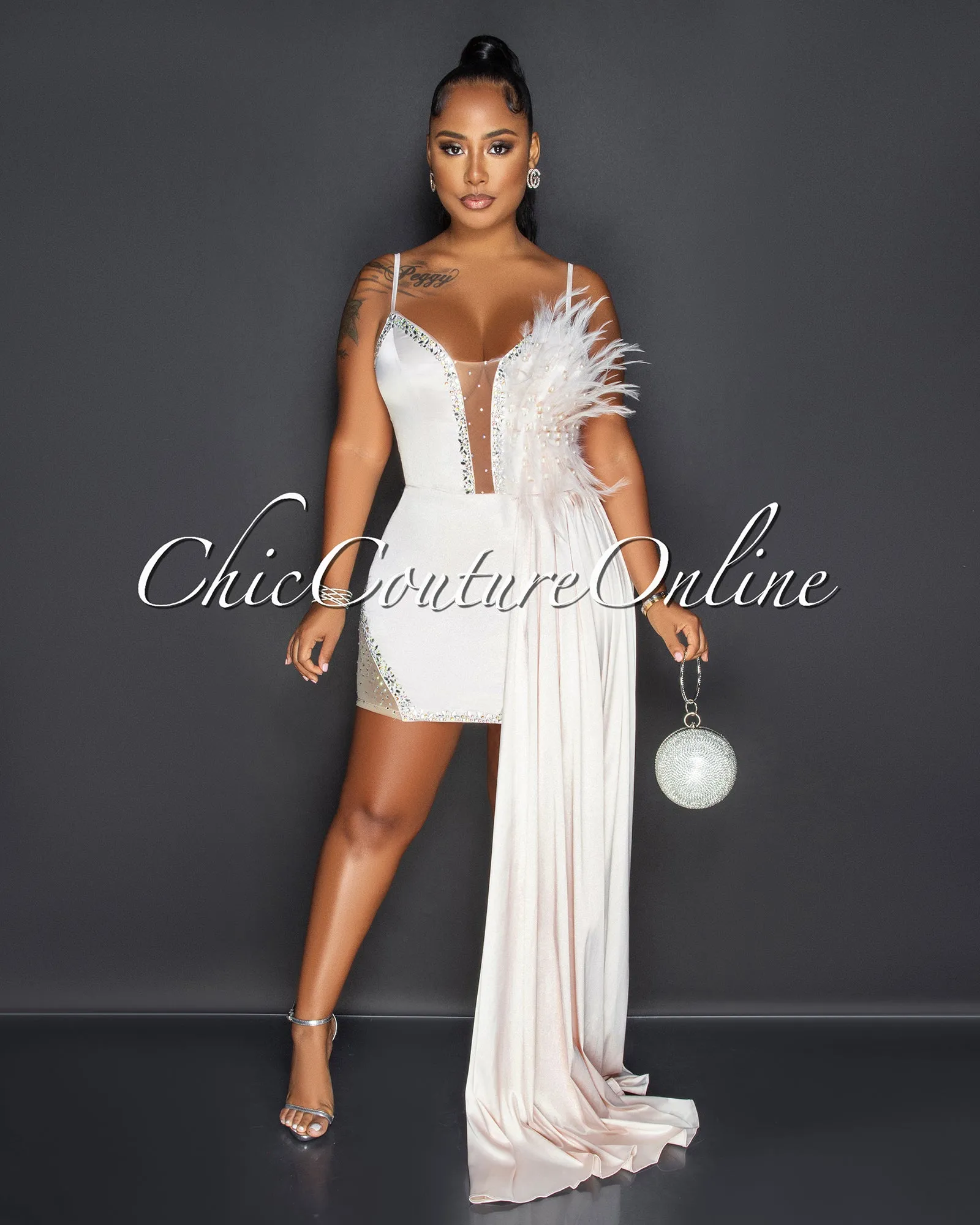 Udar Light Peach Feather Rhinestones Train Dress
