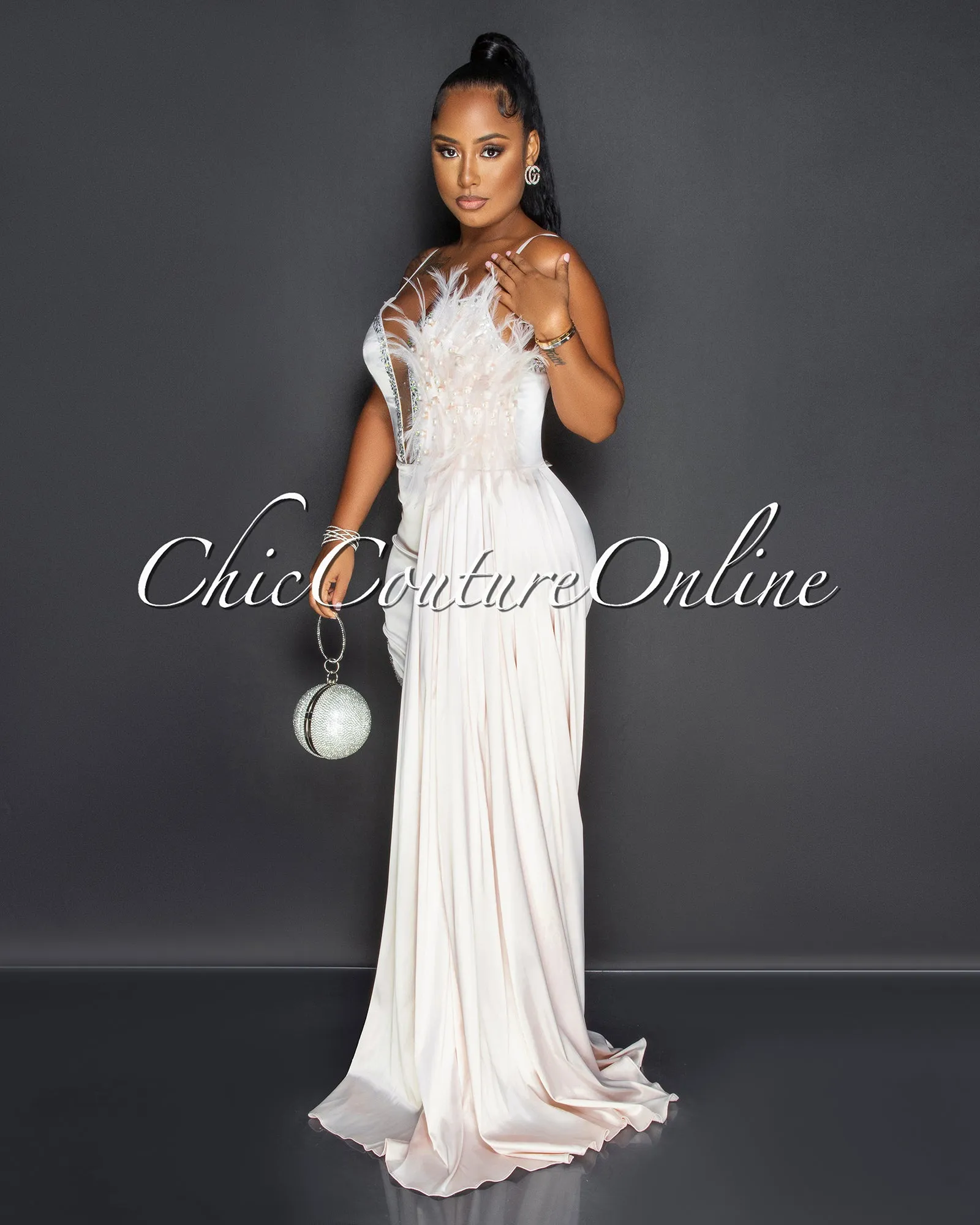 Udar Light Peach Feather Rhinestones Train Dress
