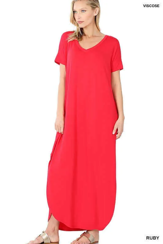 Viscose Fabric V-Neck Short Sleeve Maxi Dress