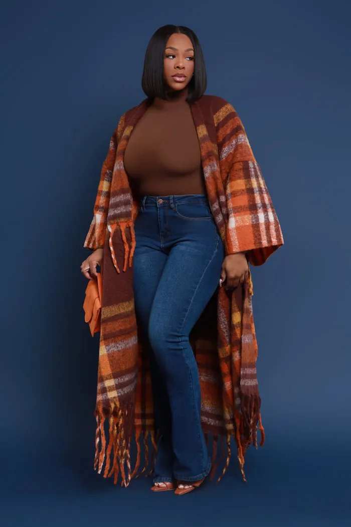 Warm Up To You Fringe Maxi Cardigan Sweater - Brown Checkered