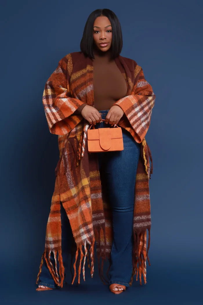 Warm Up To You Fringe Maxi Cardigan Sweater - Brown Checkered