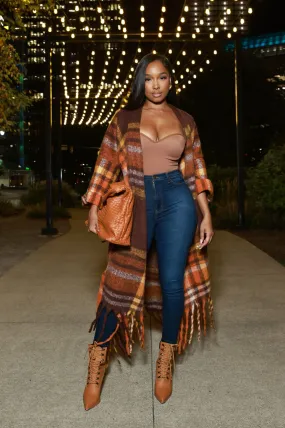 Warm Up To You Fringe Maxi Cardigan Sweater - Brown Checkered