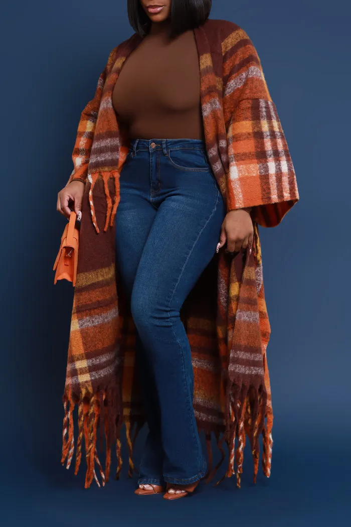 Warm Up To You Fringe Maxi Cardigan Sweater - Brown Checkered