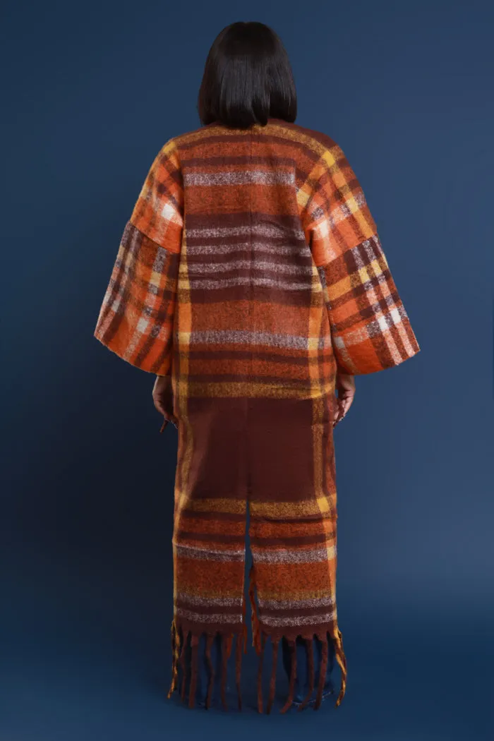 Warm Up To You Fringe Maxi Cardigan Sweater - Brown Checkered