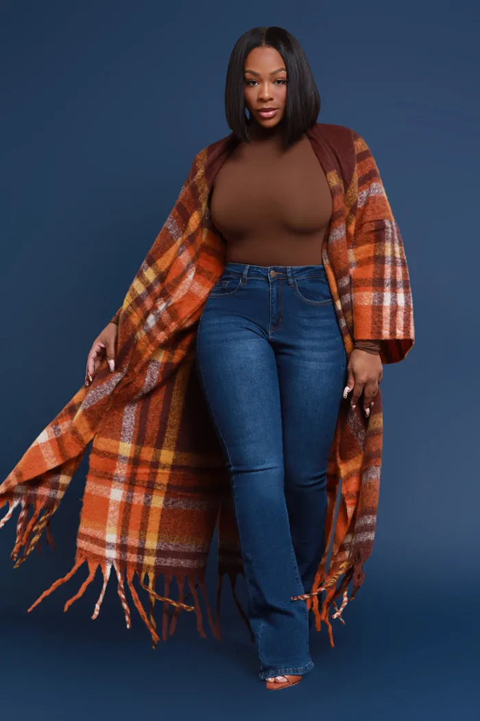 Warm Up To You Fringe Maxi Cardigan Sweater - Brown Checkered