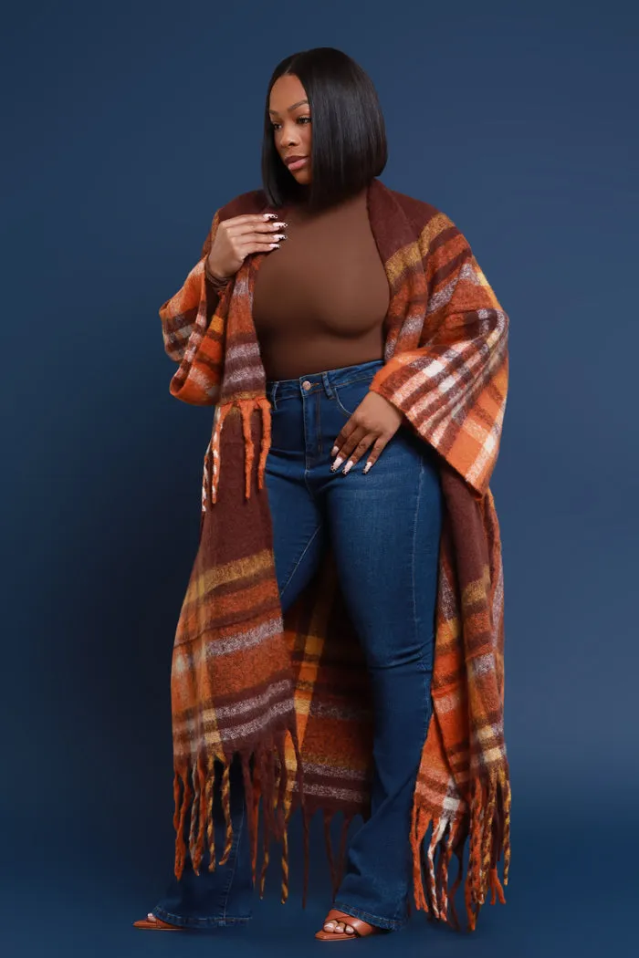 Warm Up To You Fringe Maxi Cardigan Sweater - Brown Checkered