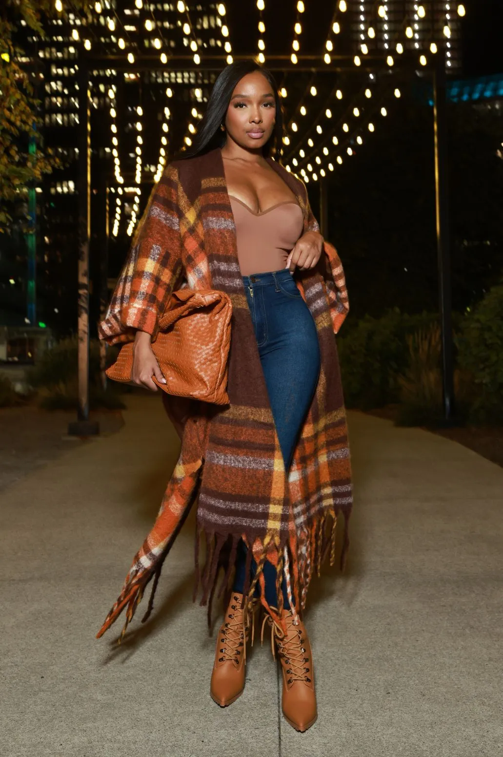 Warm Up To You Fringe Maxi Cardigan Sweater - Brown Checkered