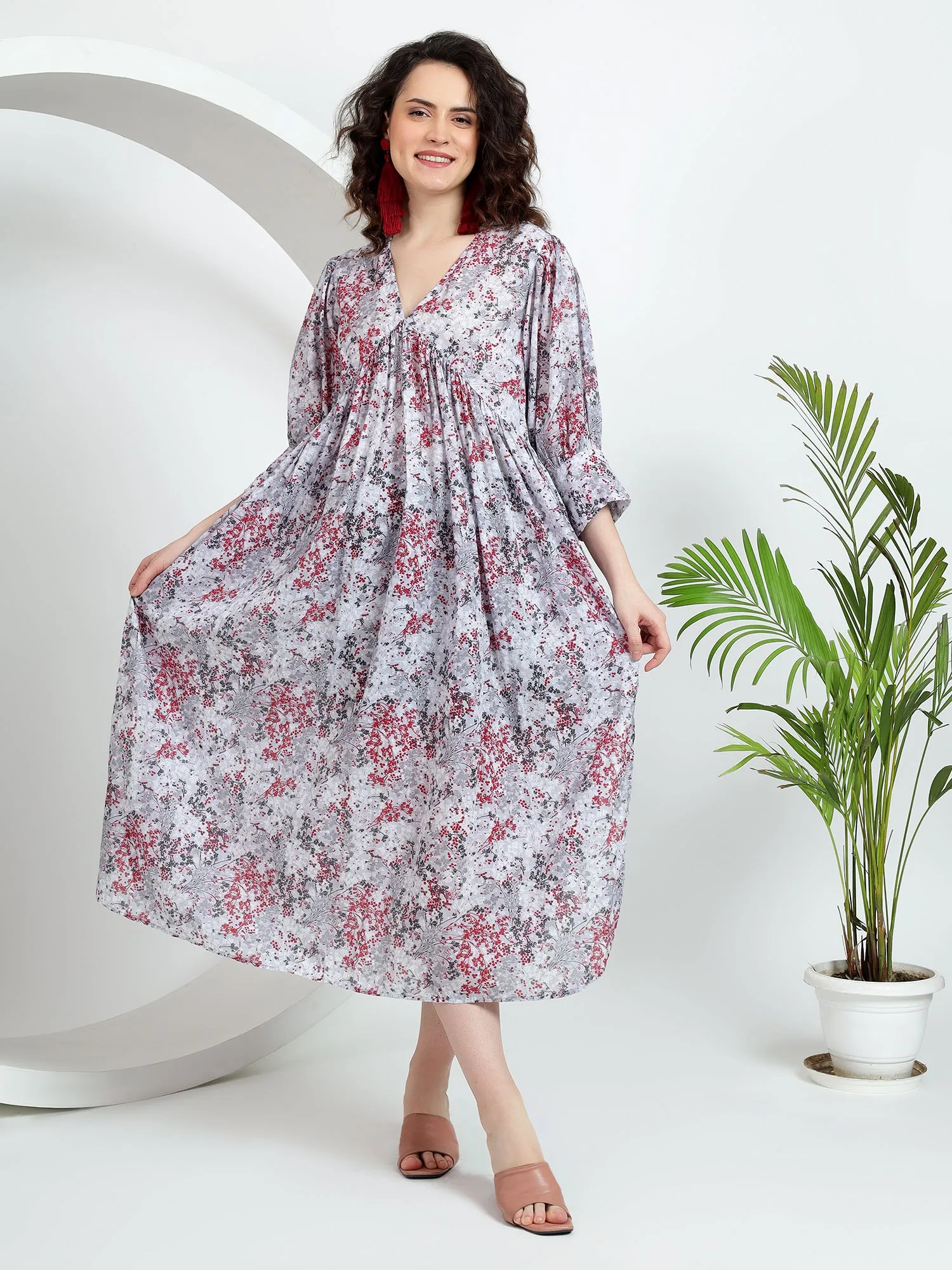White Midi Dress with Cherry Print, Cuff Sleeves, and Pleated Bust