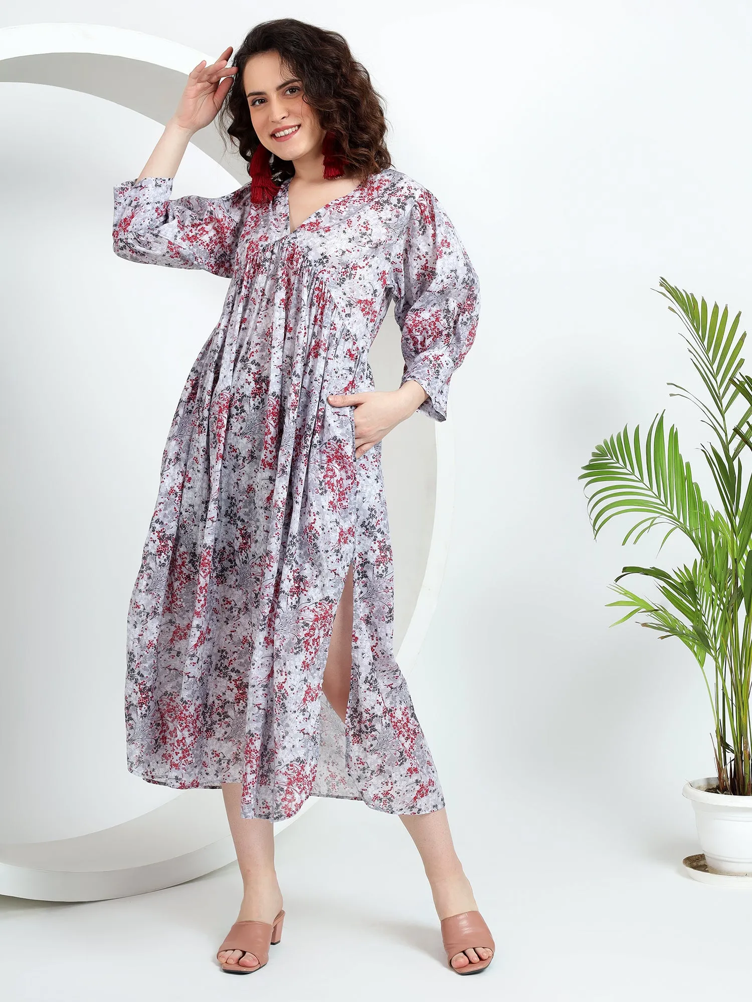 White Midi Dress with Cherry Print, Cuff Sleeves, and Pleated Bust