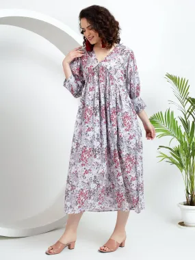 White Midi Dress with Cherry Print, Cuff Sleeves, and Pleated Bust