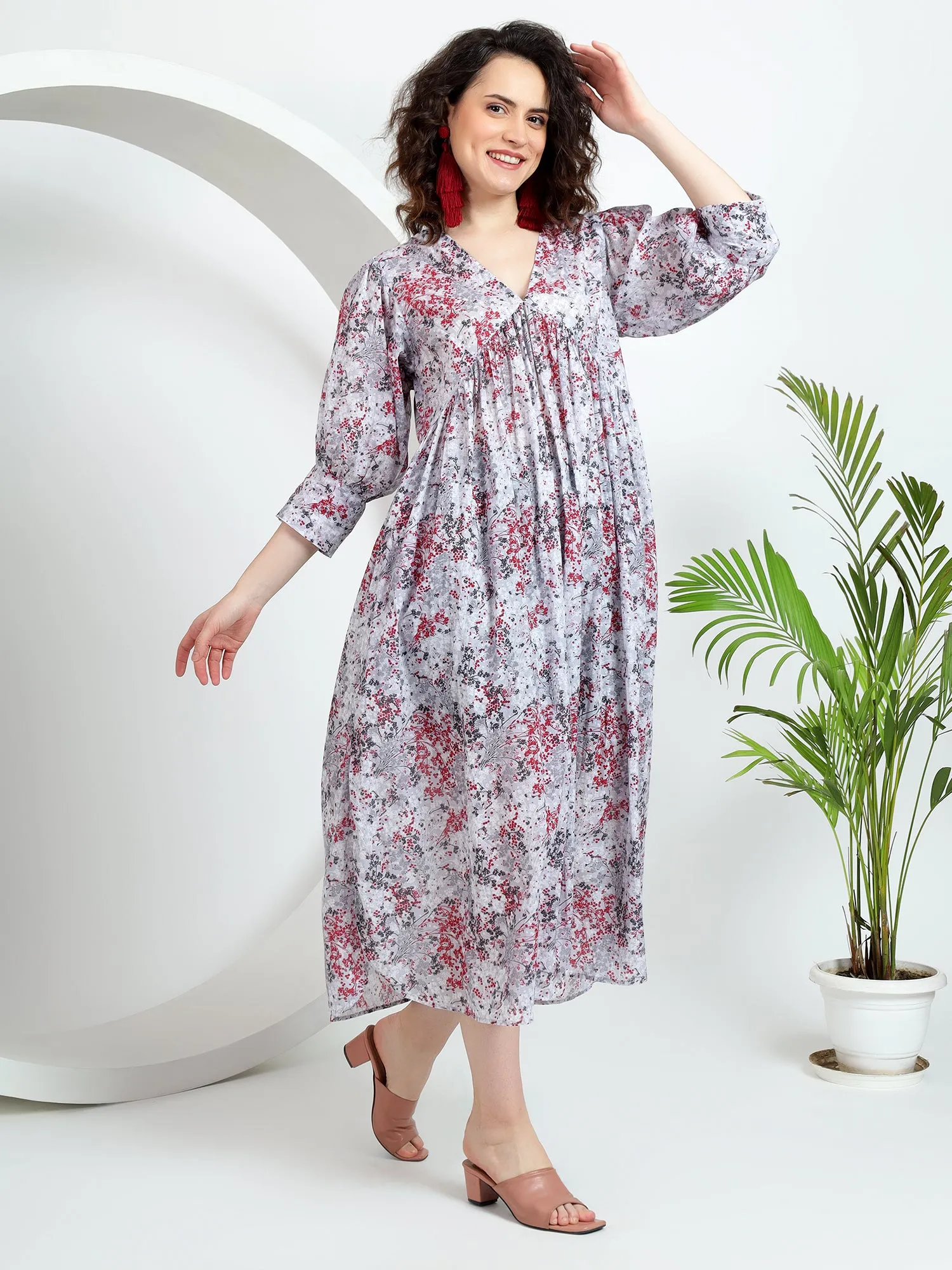 White Midi Dress with Cherry Print, Cuff Sleeves, and Pleated Bust