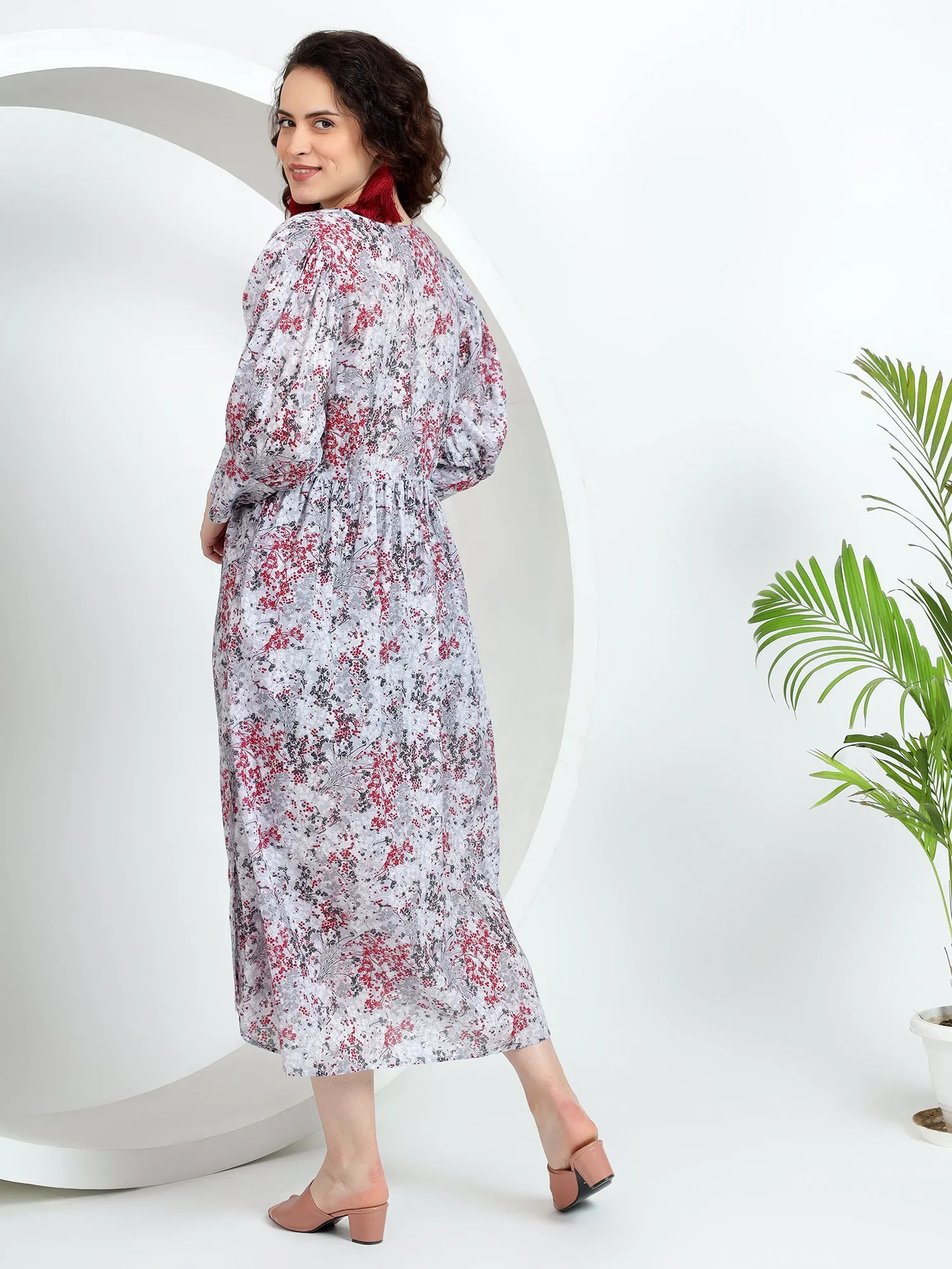 White Midi Dress with Cherry Print, Cuff Sleeves, and Pleated Bust