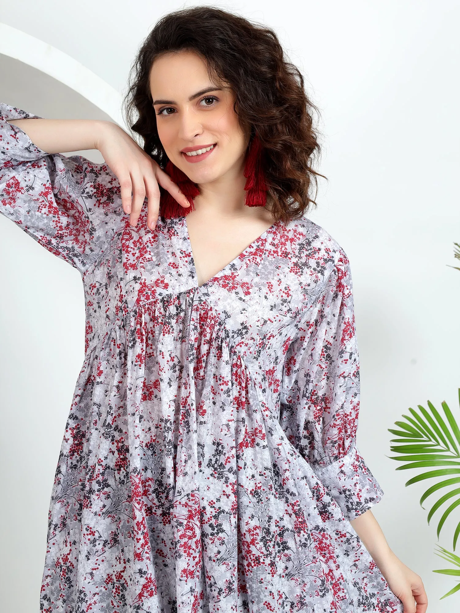 White Midi Dress with Cherry Print, Cuff Sleeves, and Pleated Bust